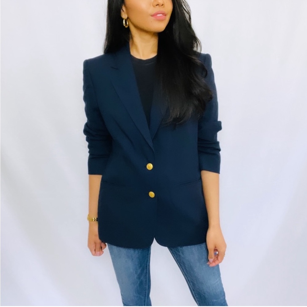 Vintage | Blue 100% Wool Oversized Preppy Blazer with Gold Embossed Buttons